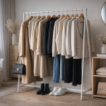 Dressing minimaliste en hiver avec manteau long, trench, blazer et maille, tenue capsule élégante posée sur un portant, ambiance lumineuse et moderne