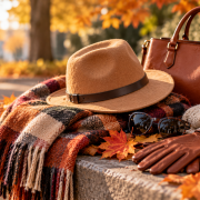 Accessoires d’automne avec chapeau, écharpe, sac, lunettes et gants